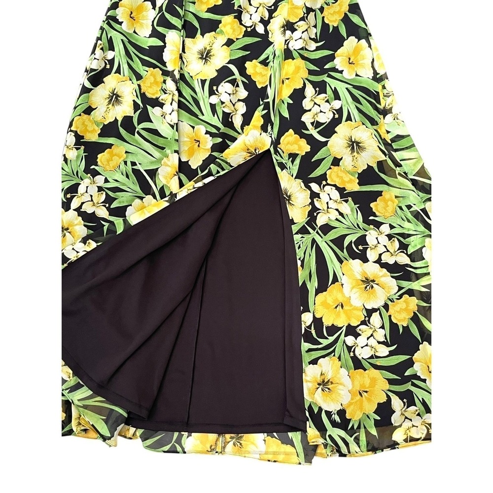 Bar III Floral Maxi Dress Women Large Black Yellow Excellent Ruffle Slit V-Neck - Picture 6 of 16